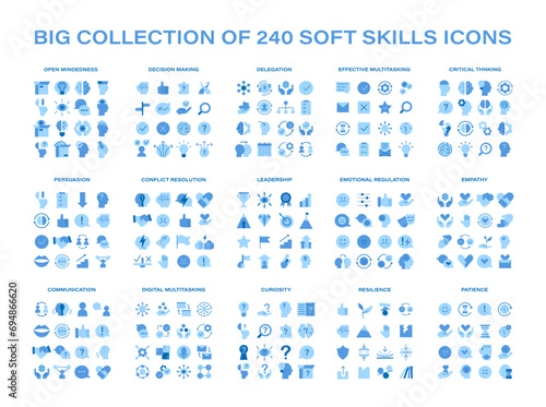 Soft Skills set. Enhance essential interpersonal abilities with icons of critical thinking, leadership, and more. Cultivate professional excellence and personal growth. Flat vector illustration.