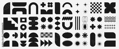 Abstract retro shapes, basic brutal forms and figures in Y2K aesthetics, vintage stickers, logos, labels. Decorative design elements, vector illustration.