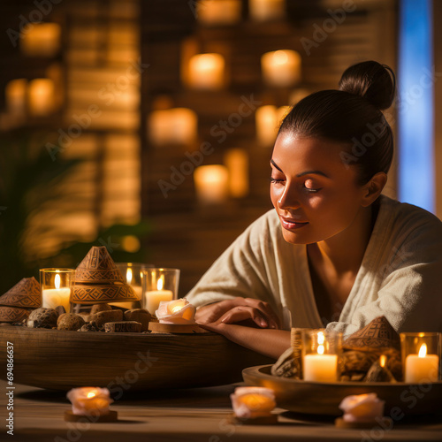 Focus on candles and accessories in a spa setup  with a background of a woman enjoying blissful aroma massage in a resort or hotel. Pure bliss. ai generative