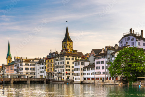Scenic view of historic Zurich city center with famous Fraumunster and river Limmat at Lake Zurich,Switzerland © byjeng