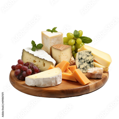 Various gourmet cheeses on wooden plate: cheese with mold, swiss cheese, brie, chedder, grapevines. Transparent background.