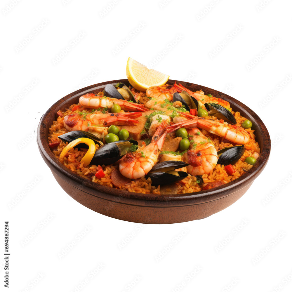 Paella in a dish on transparent background. Design for restaurants, online food delivery services, shops, etc. Paella in a dish on transparent background. Design for restaurants, online food delivery services, shops, etc.