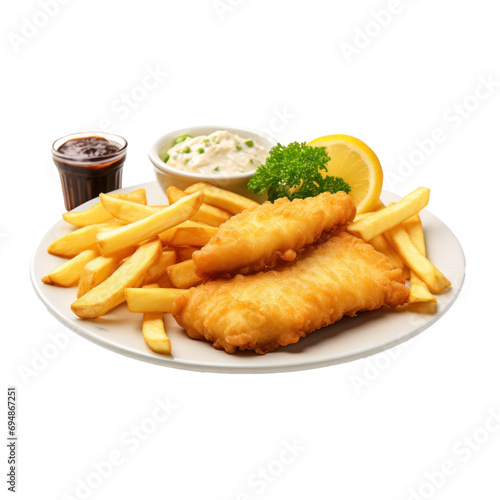 Fish and chips traditional dish on transparent background. Design for restaurants, online food delivery services, shops, etc.