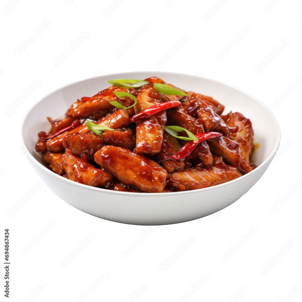 Stir fried chicken with chili sauce on transparent background. Stir fried chicken with chili sauce on transparent background.