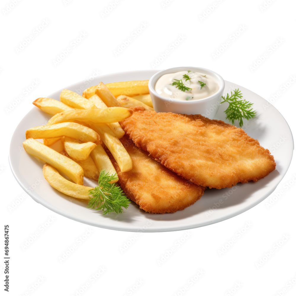 Wiener schnitzel with potato chips on a white plate isolated on transparent background. Design for restaurants, online food delivery services, shops, etc. Wiener schnitzel with potato chips on a white plate isolated on transparent background. Design for restaurants, online food delivery services, shops, etc.