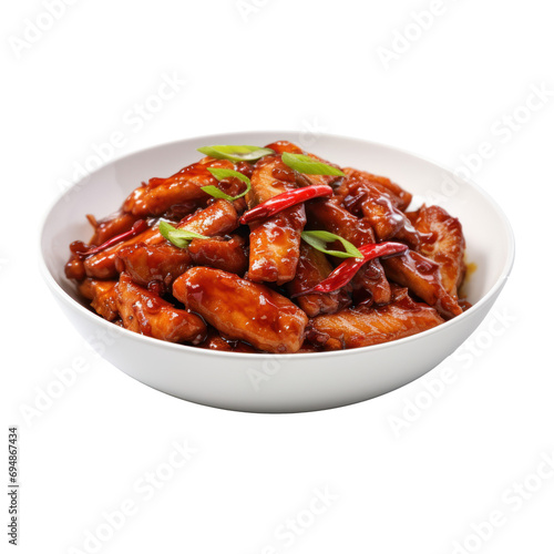 Stir fried chicken with chili sauce on transparent background. 