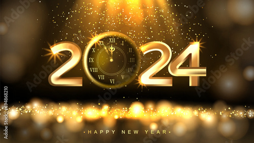 2024 Happy New Year Greeting Card With Gold Clock