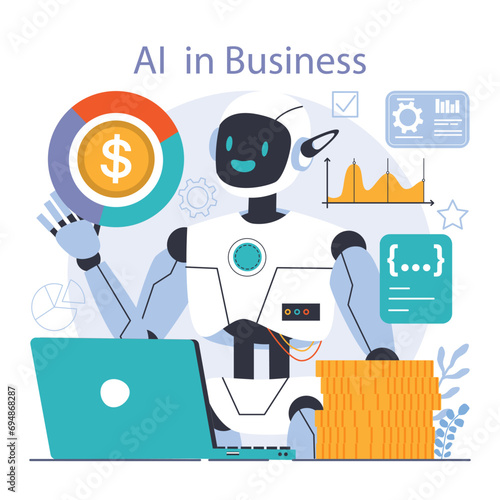 Ai integration. Artificial intelligence and human synergy. Neural network assistance and robotization of life. Self-learning computing system processing big data. Flat vector illustration