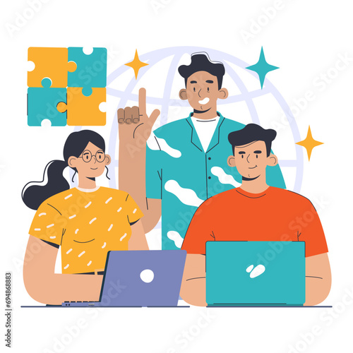 Stakeholder concept. Diverse team collaborates on a project, combining puzzle pieces and brainstorming over laptops. Strategic partnership and group synergy. Flat vector illustration