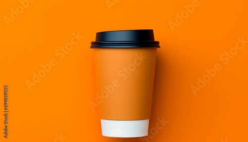  A peach-colored takeaway coffee cup with a black lid on an orange background. © Vagengeim