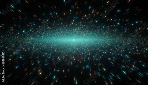 Hyperspace travel through a starfield, 3D digital illustration of a cosmic scene with glowing particles and light trails on a dark background.
