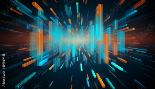 Dynamic 3D rendering of colorful rectangles exploding towards the viewer on a dark blue background.