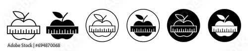 Apple and measuring tape icon. eat healthy fruit vegetable to weight loss and being slim fit by measuring tape scale meter sign. apple diet calorie ruler tape symbol vector 