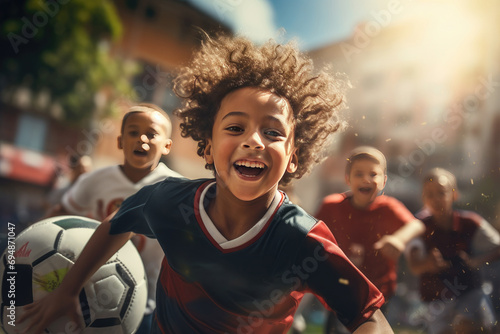 Joyful children playing soccer outdoors on sunny day. Youth sports and teamwork. © Postproduction