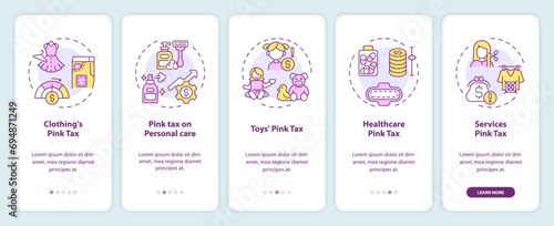 2D icons representing pink tax mobile app screen set. Walkthrough 5 steps multicolor graphic instructions with thin line icons concept, UI, UX, GUI template.