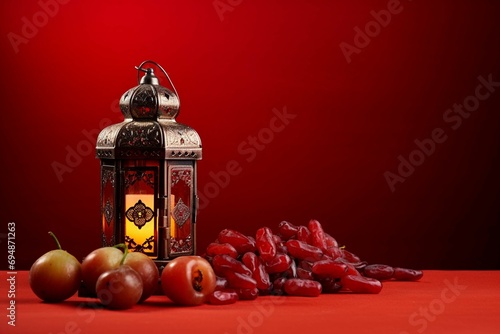 Lantern, dates fruit and rosary on red background. Islamic holidays concept. © usman