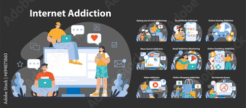 Internet Addiction night or dark mode set. Diverse scenarios showcasing excessive use of digital platforms. From social media to online gaming, a critical take on the digital age.