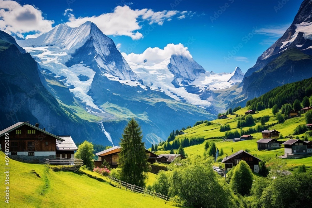 Majestic Swiss Alps: Showcase the breathtaking beauty of the Swiss Alps, with snow-capped peaks, lush green meadows, and picturesque mountain villages. 