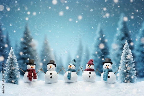 Merry Christmas and happy New Year greeting card with copy-space. Many snowmen standing in winter Christmas landscape.Winter background