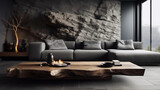 minimalist home interior design modern living room live edge coffee table grey fabric corner sofa stone cladding wall