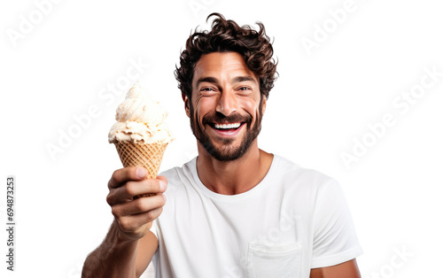 Handsome Male Holding Coconut icecream Isolated on Transparent Background PNG. photo