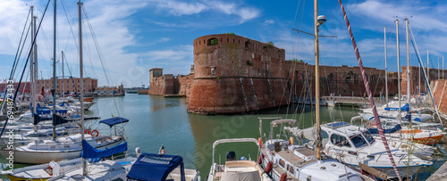 View of Vecchia Fortress and boats in harbour, Livorno, Province of Livorno, Tuscany photo