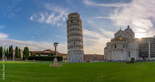 View of Pisa Cathedral and Leaning Tower of Pisa at sunset, UNESCO World Heritage Site, Pisa, Province of Pisa, Tuscany photo