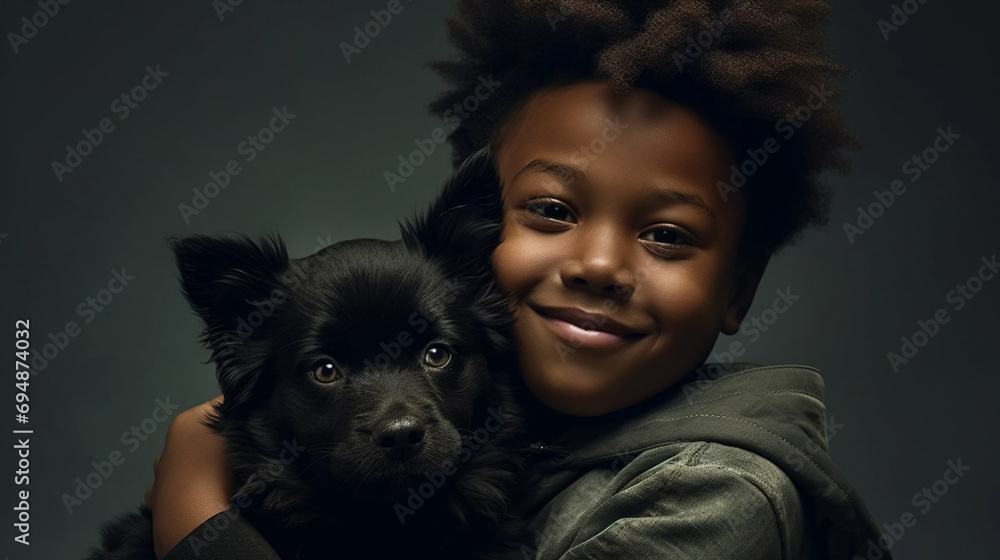 Obraz premium copy space, stockphoto, realistic, National Love Your Pet Day. Little black boy hugging his dog. Peaceful scene. Love and friendship between an animal, dog and boy, owner.