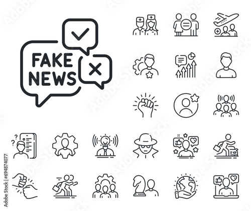 Propaganda conspiracy chat sign. Specialist, doctor and job competition outline icons. Fake news line icon. Wrong truth symbol. Fake news line sign. Avatar placeholder, spy headshot icon. Vector
