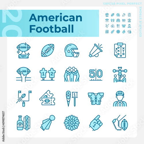 American football light blue icons. Sport equipment. Team game. Game day. Football match symbols. RGB color. Website icons set. Simple design element. Contour drawing. Line illustration photo
