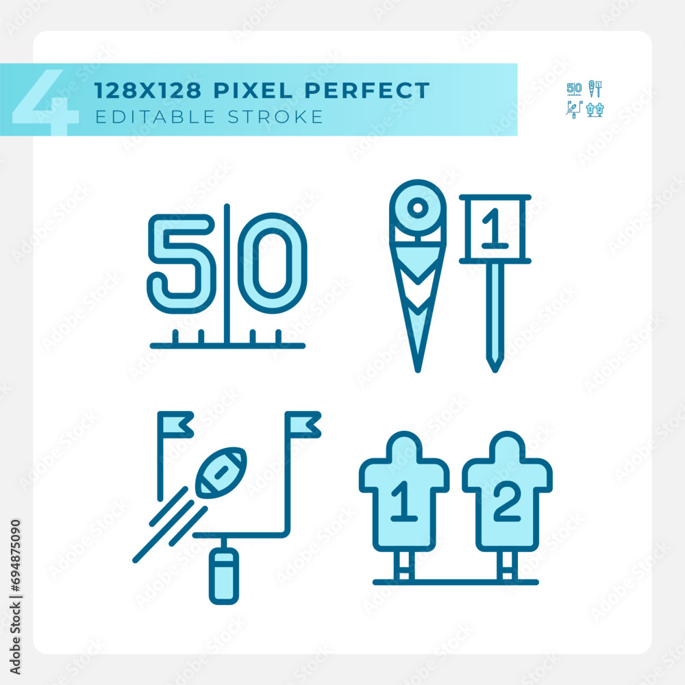 Football match preparation linear icons set. Goal post. 50 yard line. First down marker. American football sled. RGB color. Website icons set. Simple design element. Contour drawing. Line illustration Football match preparation linear icons set. Goal post. 50 yard line. First down marker. American football sled. RGB color. Website icons set. Simple design element. Contour drawing. Line illustration