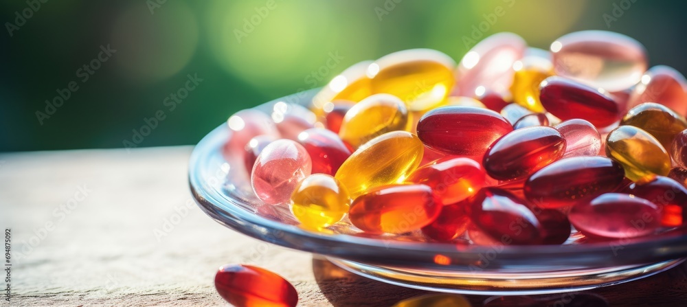 Vitamin B Supplements pale on plate, free copy space Vitamin B Supplements pale on plate, free copy space