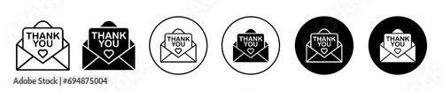 thank you letter icon. kind greeting message paper card in envelop for thank you for purchase product logo sign set. thanks lettering email postcard with love heart text symbol vector. 