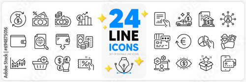 Icons set of Change money, Add purchase and Exchange currency line icons pack for app with Document, Money wallet, Euro rate thin outline icon. Networking, Phone pay, Wallet pictogram. Vector