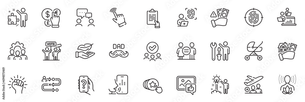 Icons pack as Fraud, Voting campaign and Money currency line icons for app include Hold heart, Journey path, Yoga balance outline thin icon web set. Teamwork, Baby carriage. Fraud outline sign. Vector - obrazy, fototapety, plakaty 