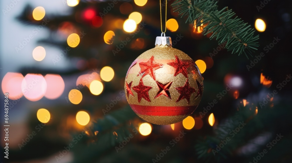 Close-up of a golden christmas ornament with red stars hanging on a festive tree Close-up of a golden christmas ornament with red stars hanging on a festive tree