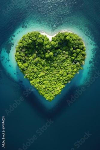 Stunning aerial shot of a lush heart-shaped island surrounded by the clear waters of a calm sea