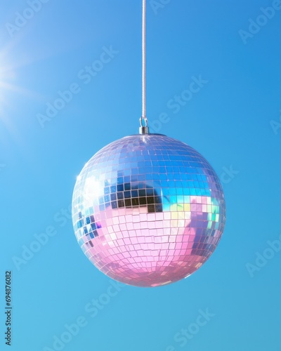 A shimmering pink disco ball suspended against a clear blue sky, reflecting sunlight