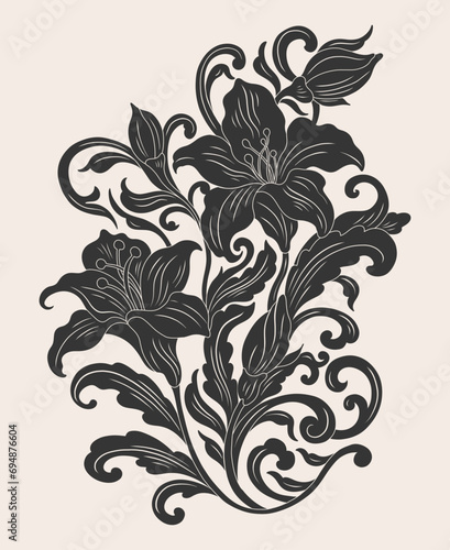 Floral lily easter plant in art nouveau 1920-1930. Hand drawn lily with weaves of lines, leaves and flowers.