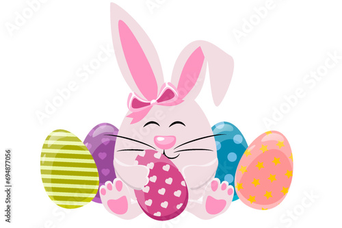 Easter Rabbit with eggs. Vector Illustration Of Cute Little Bunny Holding Easter Eggs