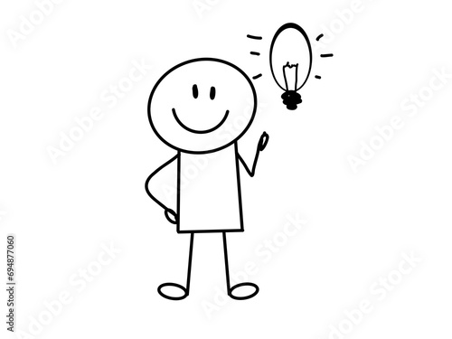 Cartoon stick figure drawing conceptual illustration of happy man holding light bulb.