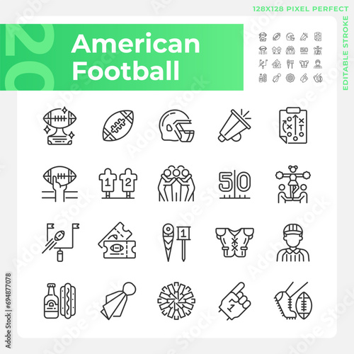 American football linear icons set. Sport equipment. Team game. Game day. Football match symbols. Customizable thin line symbols. Isolated vector outline illustrations. Editable stroke