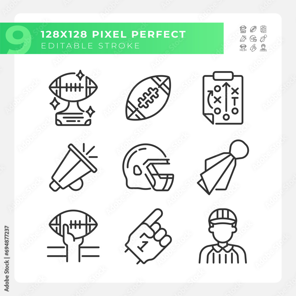 American football match linear icons set. Rules of team game. Outdoor sports. Game day. Football strategy. Customizable thin line symbols. Isolated vector outline illustrations. Editable stroke American football match linear icons set. Rules of team game. Outdoor sports. Game day. Football strategy. Customizable thin line symbols. Isolated vector outline illustrations. Editable stroke