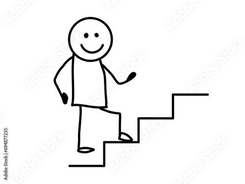 Cartoon stick figure man walking up the stairs. Vector illustration.