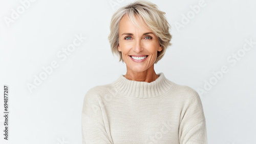 Lifestyle portrait photography of a beautiful middle-aged woman in her 50s that is wearing a chic cardigan against a white background.
