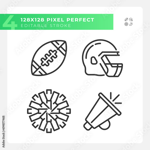 Football equipment linear icons set. American football player helmet. Team support. Game day. Customizable thin line symbols. Isolated vector outline illustrations. Editable stroke