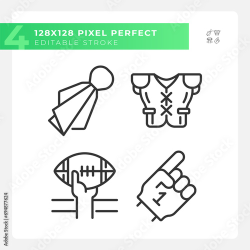 Football game elements linear icons set. Fan support. Game day. American football match. Player uniform. Customizable thin line symbols. Isolated vector outline illustrations. Editable stroke photo