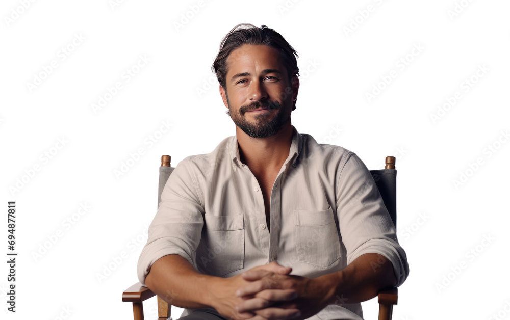 kind Handsome Male is Sitting on Director Chair Isolated on Transparent Background PNG. - obrazy, fototapety, plakaty 