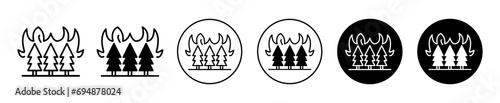 Wildfire disaster icon. forest nature plant greenery burning in blaze makes environment pollution due to climate change logo symbol. farmland crop or grassland bushfire flame vector set