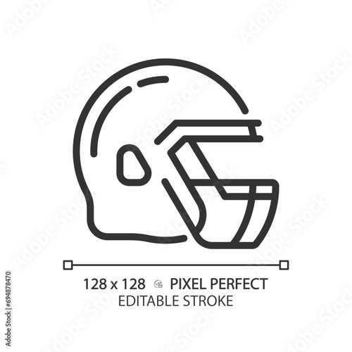 American football helmet linear icon. Football gridiron uniform element. Head safety. Headgear accessory. Thin line illustration. Contour symbol. Vector outline drawing. Editable stroke